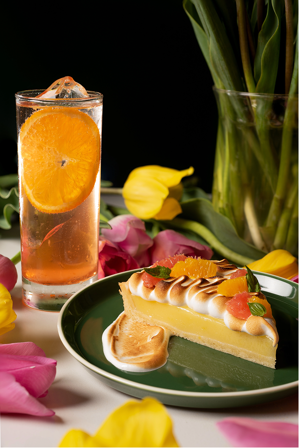 Beautiful Plating of Citrus Basil Tart and Cocktails at Public House