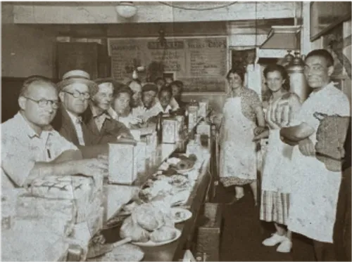 Vintage photo of diners enjoying a meal at Rinaldi’s Lunch in Poughkeepsie, capturing the lively community spirit and family roots that inspired Anna’s Vesuviano in Providence, Rhode Island